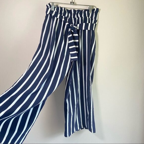 mine apparel Wide Leg Flowy Pants Waist Tie Vertical Striped Navy White Small - Picture 5 of 5